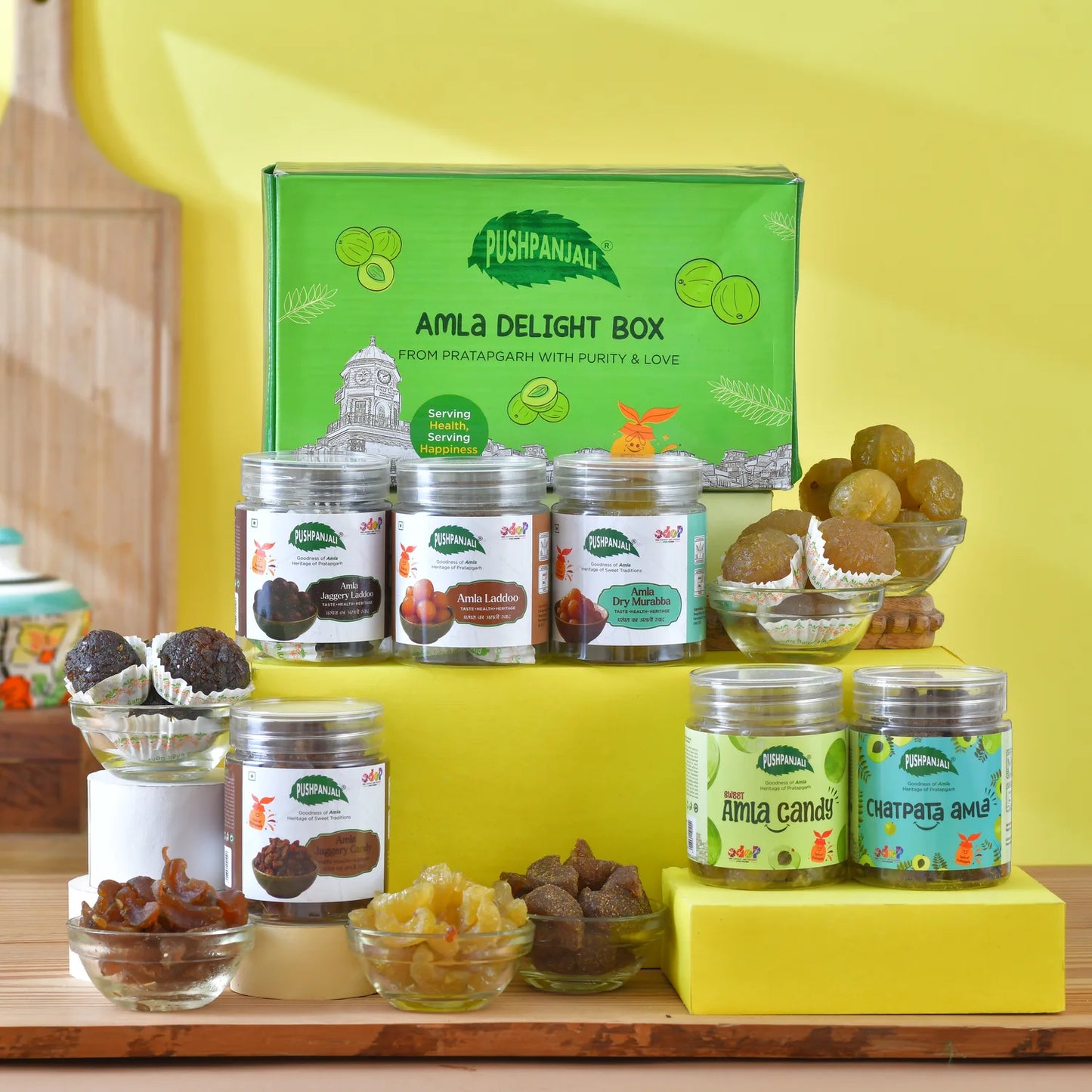 Pushpanjali AMLA DELIGHT BOX 900g pack on a clean background, showing the Pushpanjali label
