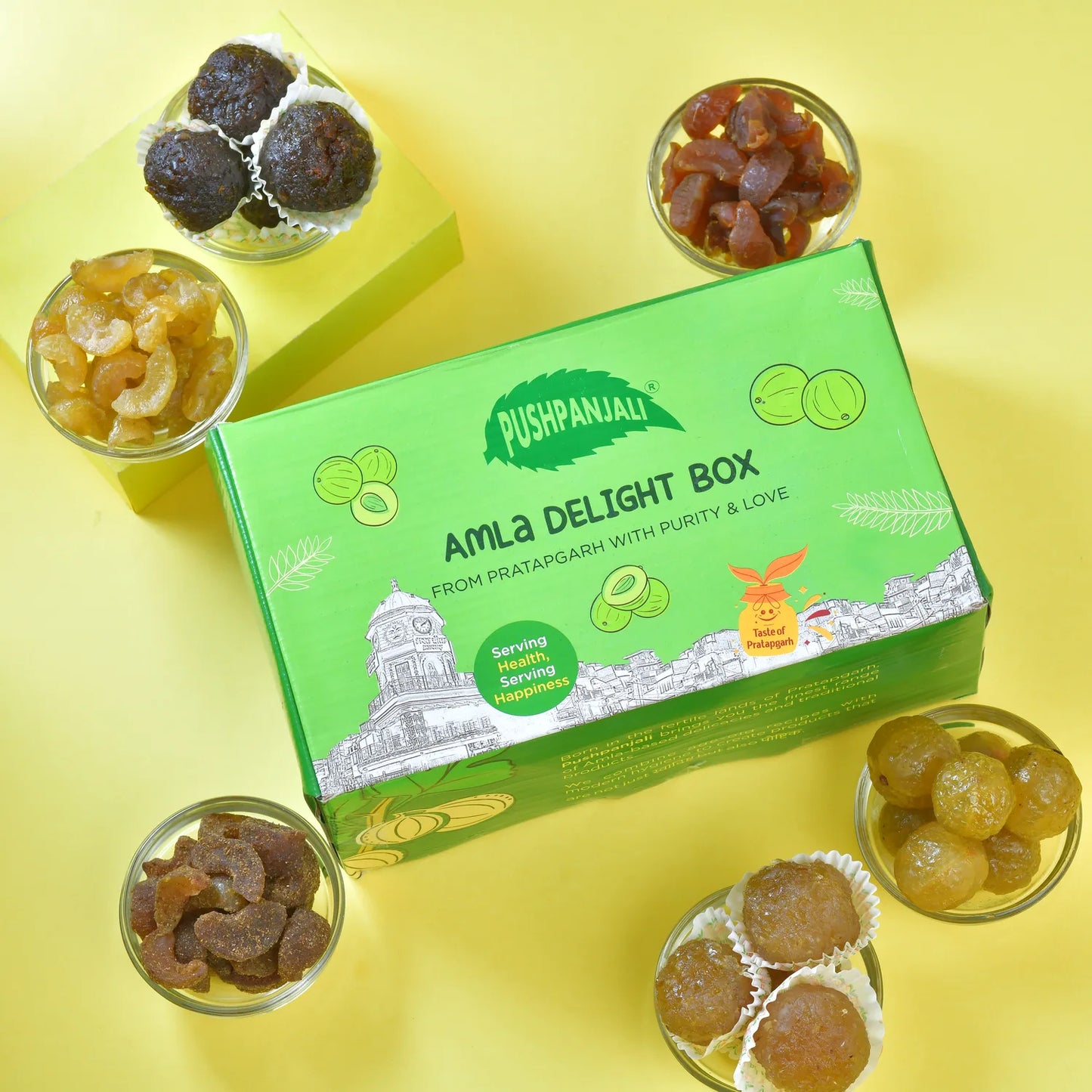Pushpanjali AMLA DELIGHT BOX 900g pack on a clean background, showing the Pushpanjali label
