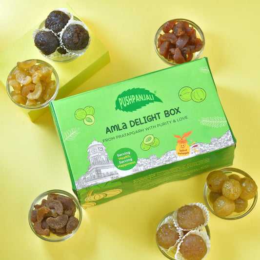 Pushpanjali AMLA DELIGHT BOX 900g pack on a clean background, showing the Pushpanjali label
