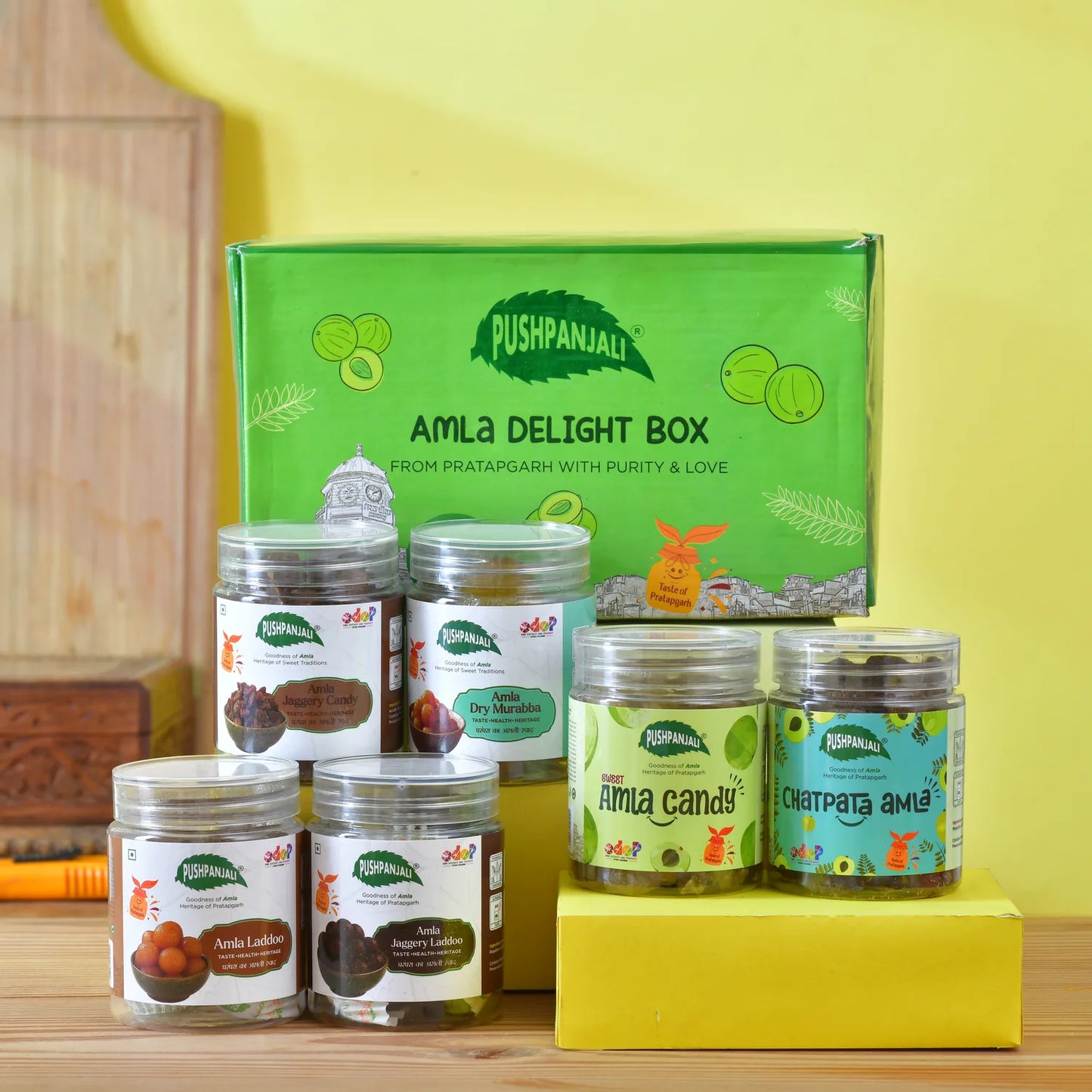 Pushpanjali AMLA DELIGHT BOX 900g pack on a clean background, showing the Pushpanjali label
