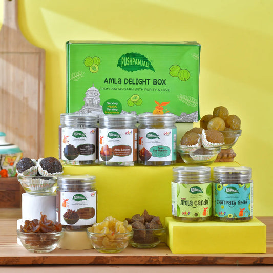 Pushpanjali AMLA DELIGHT BOX 900g pack on a clean background, showing the Pushpanjali label
