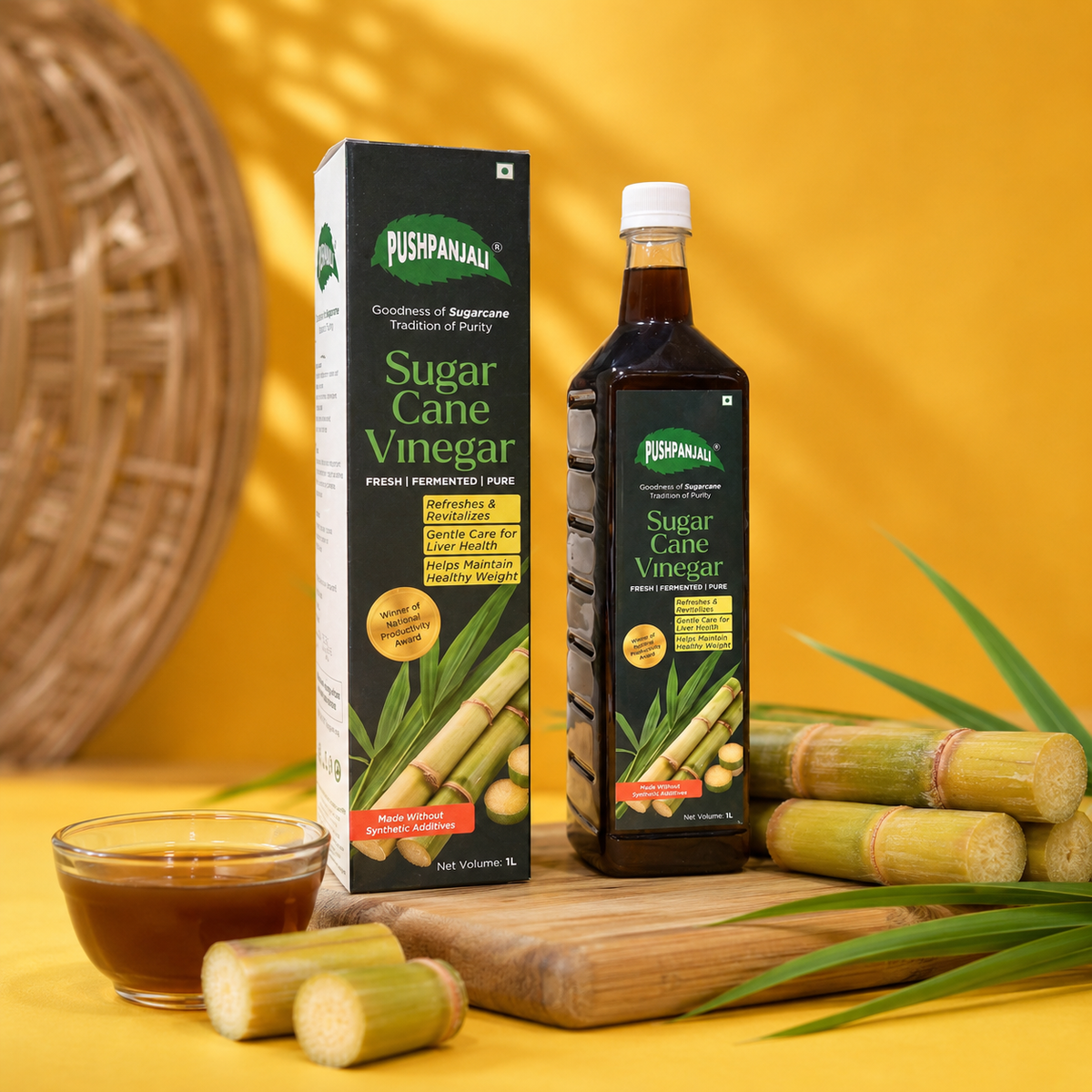 A bottle and box of Pushpanjali Sugar Cane Vinegar are displayed on a wooden cutting board with fresh sugarcane stalks and a small bowl of the dark vinegar, set against a warm yellow background.